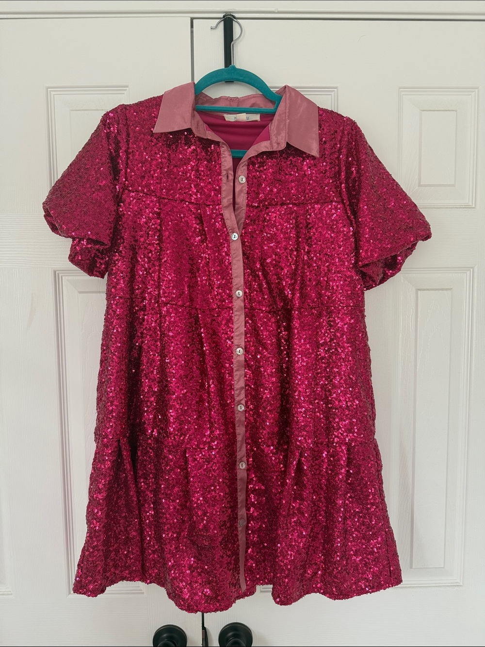 Peach Love California Fuchsia Sequin Shirt Dress